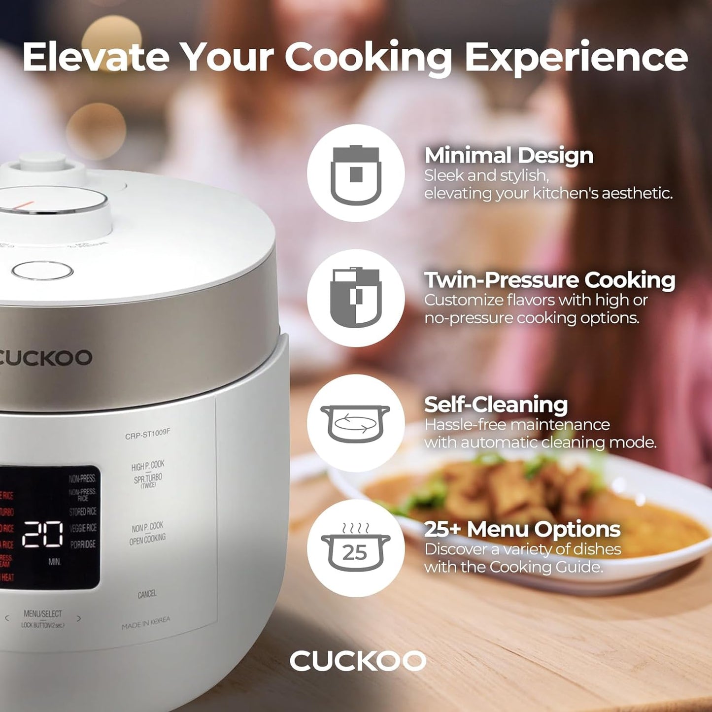 CUCKOO CRP-ST0609FW | 6-Cup Twin Pressure Rice Cooker & Warmer with Nonstick Inner Pot, 16 Menu Options, 3 Voice Guide, Auto Clean