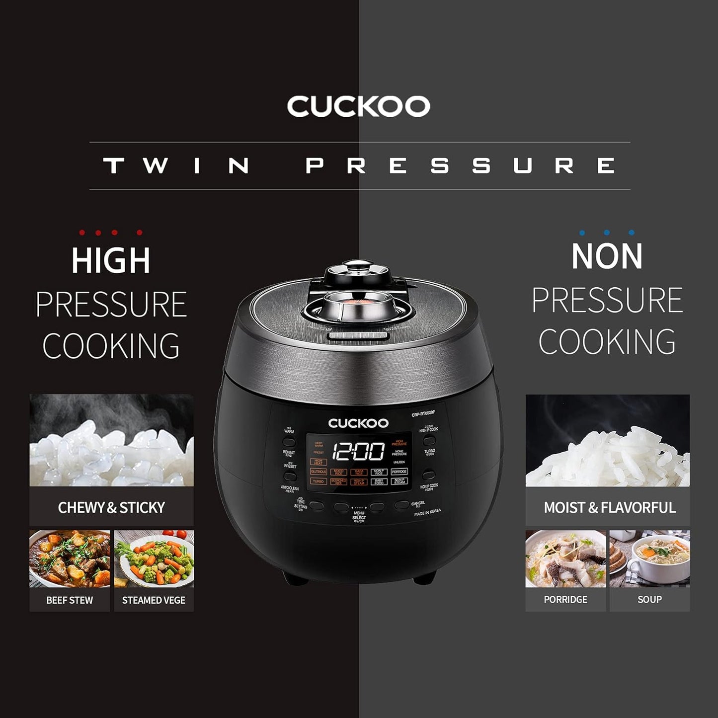 CUCKOO CRP-RT0609FB | 6-Cup Twin Pressure Rice Cooker & Warmer with Nonstick Inner Pot, 14 Menu Options, Safe Steam Release, 3 Voice Guide, Auto Clean