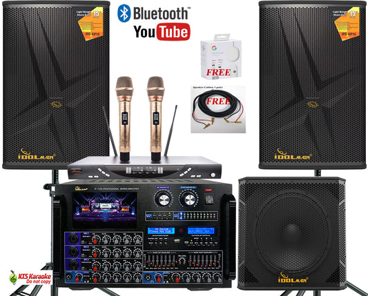 IDOLmain ASM24 | 8000W Mixing Amplifier, Loudspeakers,Dual Wireless Microphones Karaoke System W/ Optical, HDMI, Recording, Bluetooth& Deep Bass 15" 1500W Subwoofer