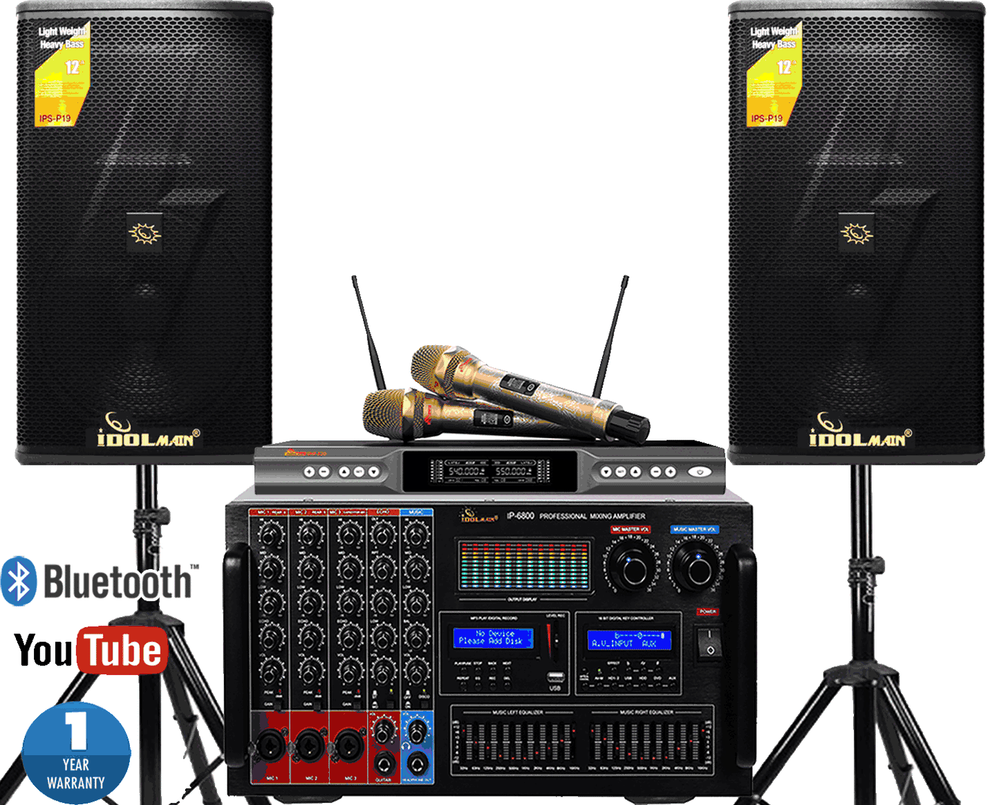 IDOLmain ASM39 | 8000W Latest Mixing Amplifier IP-6800 With Dual 4000W 12" Loudspeakers And UHF-X2D Wireless Microphones W/ Vocal Support Karaoke System