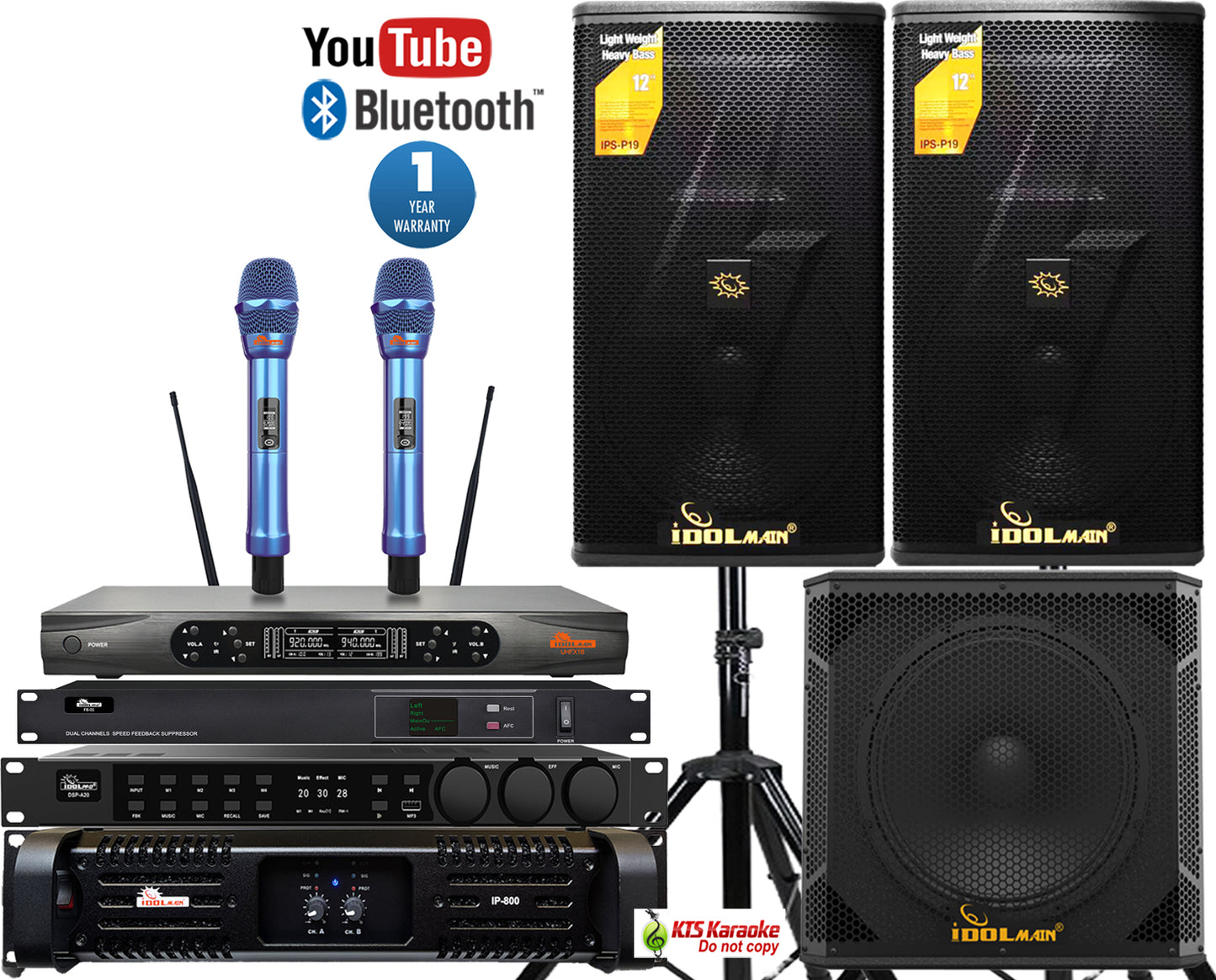 IDOLmain ASM46 | Superior Complete Professional Karaoke System With Feedback Suppressor, Loud Speakers, Power Amplifier, Digital Mixer, Subwoofer and Wireless Microphones